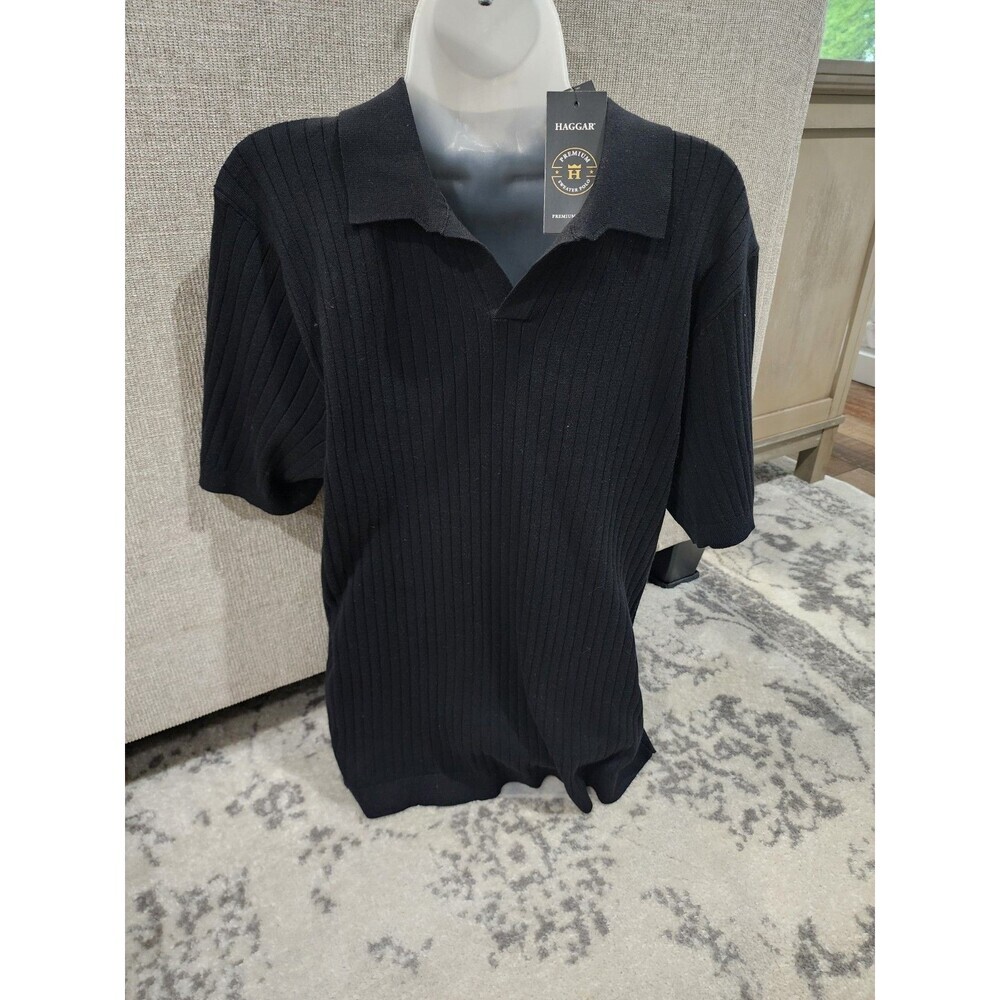 Men's Hagger Basic Dark Blue Stripe Collared Polo Short Sleeve Shirt Size LT
